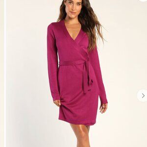 Lulus Literary Lover Magenta Wrap Sweater Dress